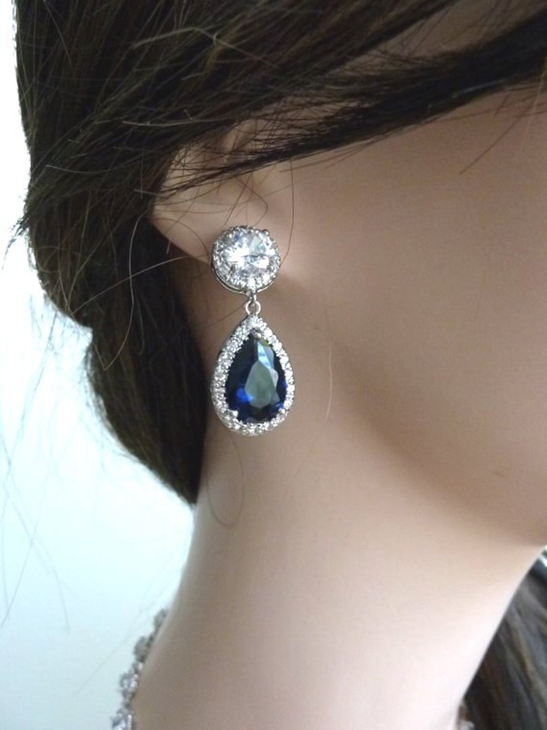 Wedding Bridal Earrings Halo Dark Sapphire Blue Pear Shaped Cubic Zirconia Clear Back Round Stud White Gold Plated Earrings image 3
