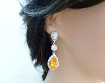 Wedding Bridal Earring LARGE Halo Dark Citrine Peardrop Cubic Zirconia with Round CZ Yellow Gold Plated  CZ Post Earrings