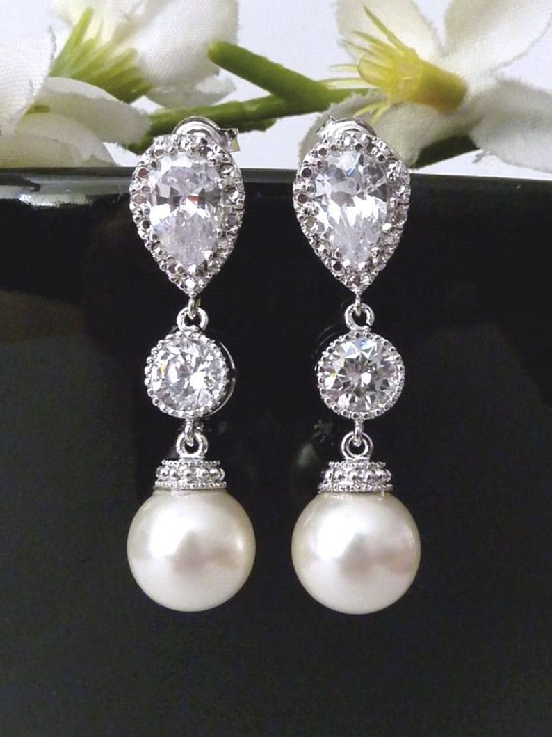 Wedding Earrings Bridal Earrings Cream Ivory Round Pearl Cubic Zirconia Connectors Silver Dangle Earrings