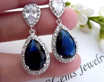 Wedding Bridal Earrings LARGE Halo Dark Sapphire Blue Pear Shaped Cubic Zirconia with Peardrop White Gold Plated Post Earrings