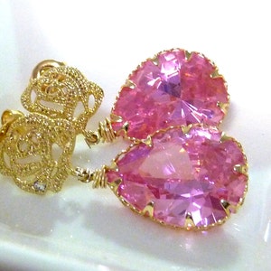 Light Rose Pink Large Peardrop CZ with Gold Plated Rose Flower CZ Post Earrings image 4