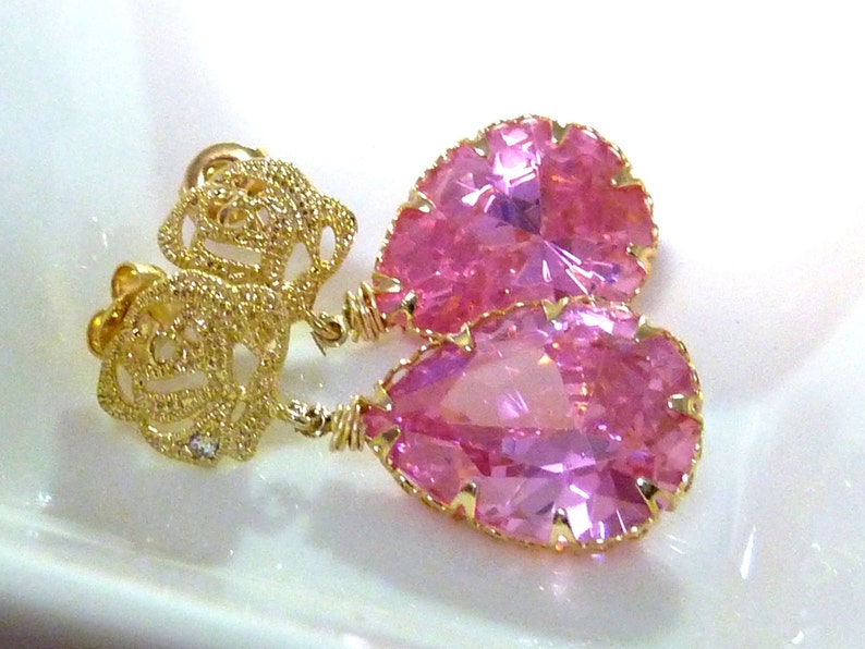 Light Rose Pink Large Peardrop CZ with Gold Plated Rose Flower CZ Post Earrings image 4