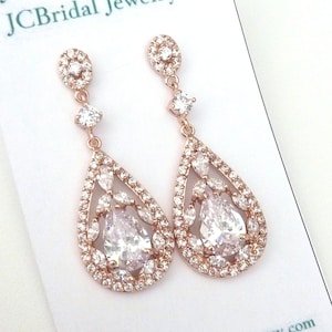 Bridal Earrings - Rose Gold Plated Big Fancy Peardrop Cubic Zirconia Post Earrings
