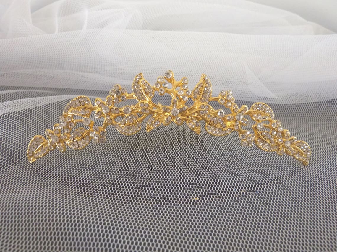 Bridal Tiara Hair Comb Yellow Gold Plated Pearl Rhinestone Etsy
