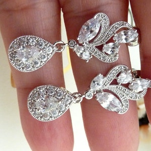 Bridal Earrings White Gold Clear White Cubic Zirconia White Gold Fancy Post Wedding Earrings image 3