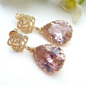 Light Rose Pink Large Peardrop CZ with Gold Plated Rose Flower CZ Post Earrings image 3