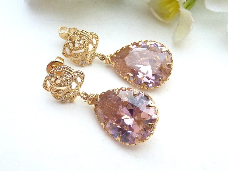 Light Rose Pink Large Peardrop CZ with Gold Plated Rose Flower CZ Post Earrings image 3