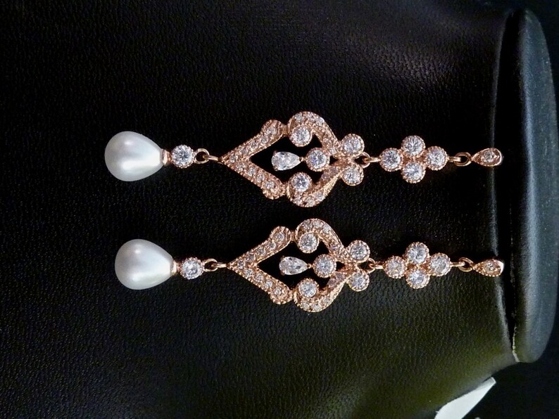 Teardrop Ivory Pearl with Rose Gold Plated Chandelier Cubic Zirconia Fancy Post Earrings Bridal Earring