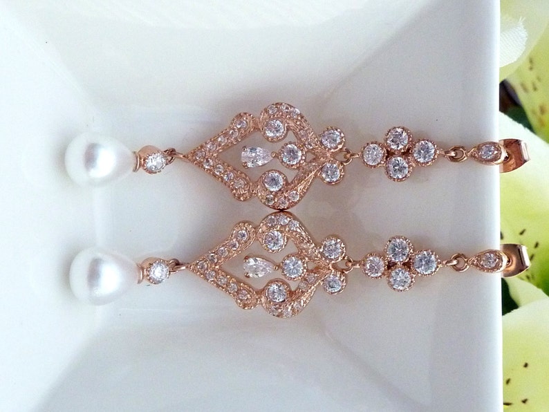 Teardrop Ivory Pearl with Rose Gold Plated Chandelier Cubic Zirconia Fancy Post Earrings Bridal Earring