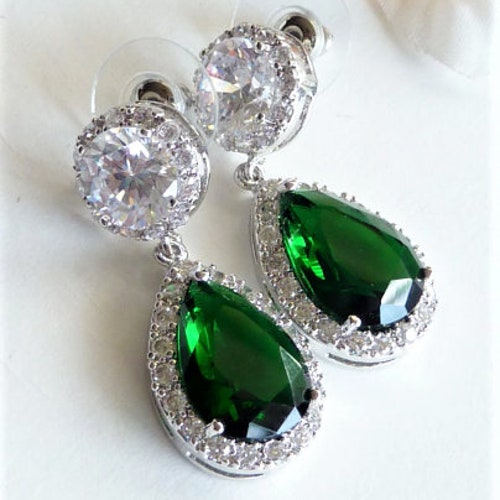 Emerald White Gold Wedding Jewelry Bridal Earrings - Etsy
