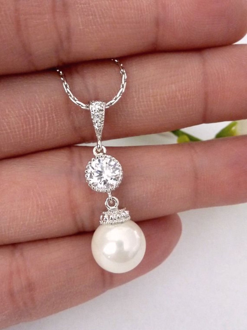 Wedding Earrings Bridal Earrings Cream Ivory Round Pearl Cubic Zirconia Connectors Silver Dangle Earrings