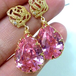 Light Rose Pink Large Peardrop CZ with Gold Plated Rose Flower CZ Post Earrings image 5