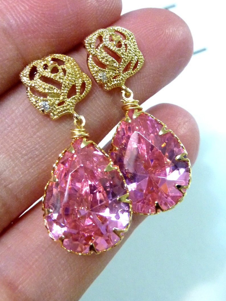 Light Rose Pink Large Peardrop CZ with Gold Plated Rose Flower CZ Post Earrings image 5