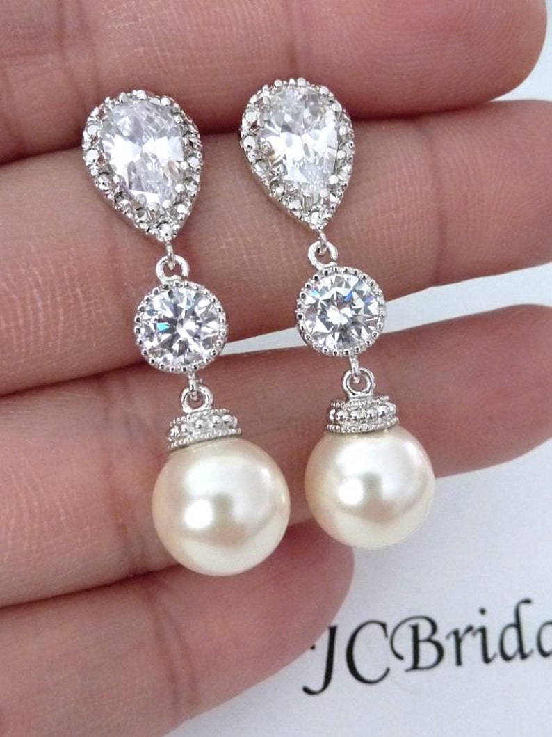 Wedding Earrings Bridal Earrings Cream Ivory Round Pearl Cubic Zirconia Connectors Silver Dangle Earrings