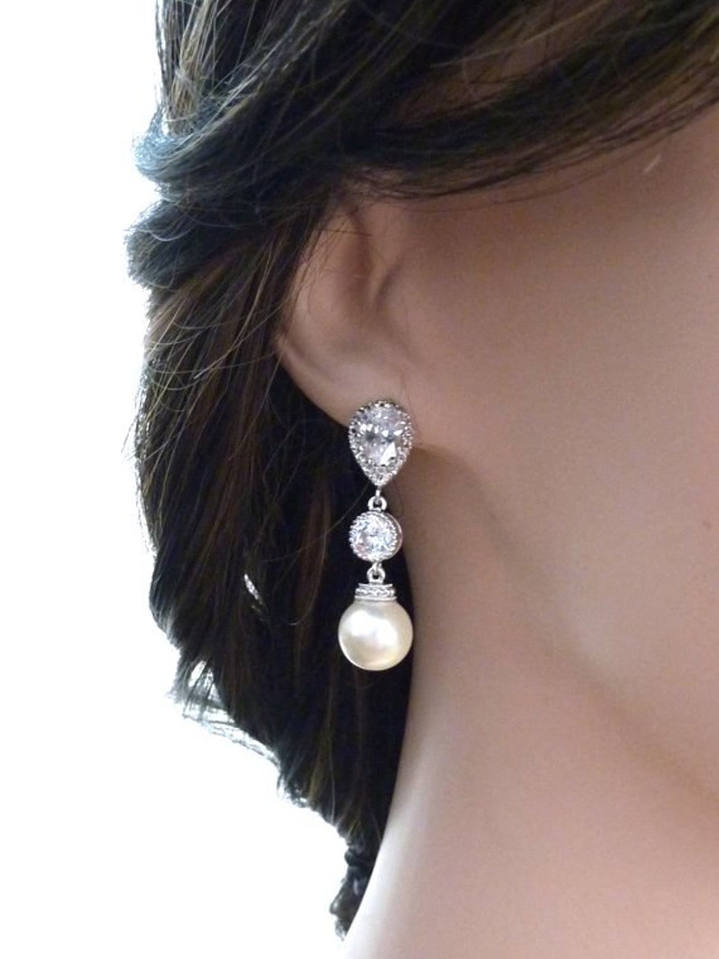 Wedding Earrings Bridal Earrings Cream Ivory Round Pearl Cubic Zirconia Connectors Silver Dangle Earrings