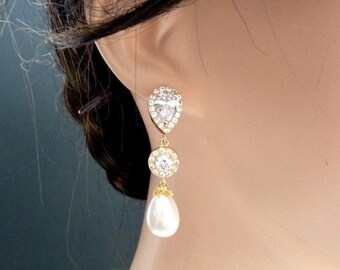 Bridal Earrings Yellow Gold White Teardrop Pearl Halo Round Cubic Zirconia Peardrop CZ Post Wedding Earring