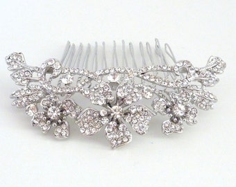 Wedding Bridal Hair Comb - Silver Plated Rhinestone Crystal Flower Wedding Hairpiece Bridal Hair Jewelry