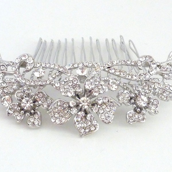 Wedding Bridal Hair Comb - Silver Plated Rhinestone Crystal Flower Wedding Hairpiece Bridal Hair Jewelry