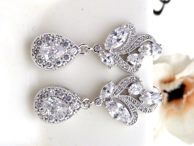 Bridal Earrings White Gold Clear White Cubic Zirconia White Gold Fancy Post Wedding Earrings image 2