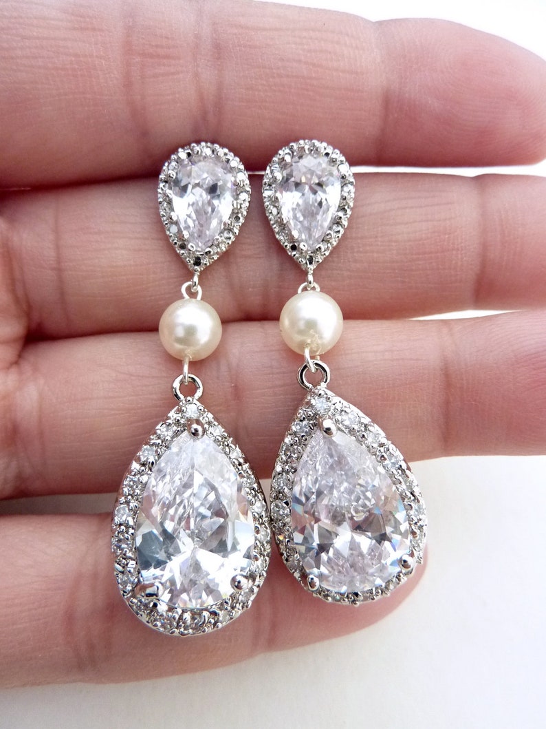 Bridal Earring LARGE White Clear Peardrop Cubic Zirconia - Etsy