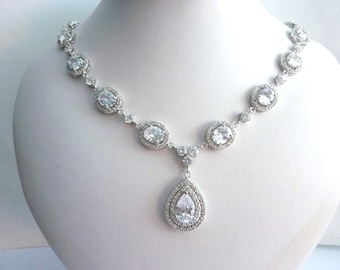 ORIGINAL DESIGN - Wedding Bridal Necklace -  Halo Full Clear White Oval and Round Cubic Zirconia with Double Hoop Peardrop CZ Pendant