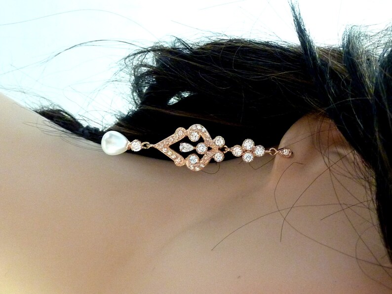 Teardrop Ivory Pearl with Rose Gold Plated Chandelier Cubic Zirconia Fancy Post Earrings Bridal Earring