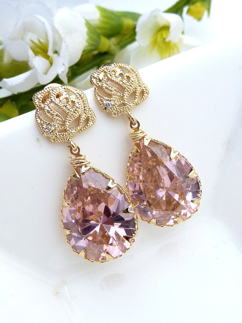 Light Rose Pink Large Peardrop CZ with Gold Plated Rose Flower CZ Post Earrings image 1