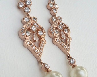 Bridal Earring - Round Ivory Pearl with Rose Gold Plated Chandelier Cubic Zirconia Fancy Post Earrings