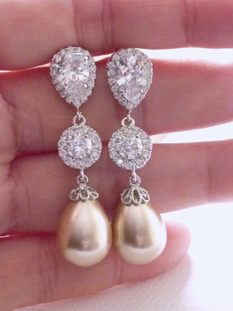 Wedding Bridal Earring Bigger Light Gold Champagne Teardrop Pearl Round CZ Drop White Gold Plated Peardrop Cubic Zirconia Post Earring image 3
