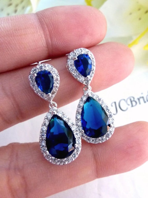 Bridal Earring Dark Sapphire Blue Small Peardrop Cubic - Etsy