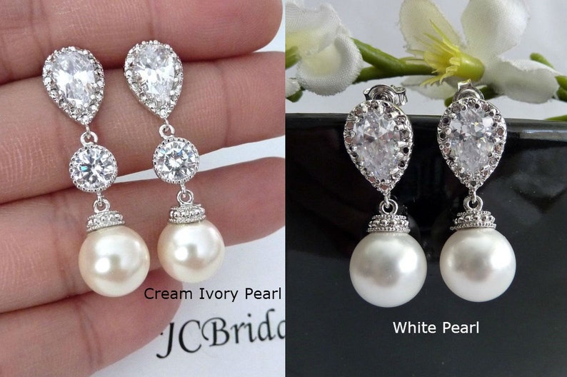 Wedding Earrings Bridal Earrings Cream Ivory Round Pearl Cubic Zirconia Connectors Silver Dangle Earrings