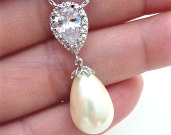 Collana sposa da sposa - Perla a goccia avorio con collana in cauzione in zirconia cubica Peardrop in catena placcata oro bianco