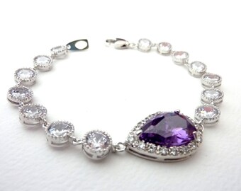 Original Design - Wedding Bridal Bracelet - Halo Purple Amethyst Peardrop Cubic Zirconia with mutlti Round Cubic Zirconia Bracelet