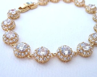 Bridal Bracelet - High Quality Halo Clear White Multi Round Drops Cubic Zirconias Yellow Gold Plated  Bracelet