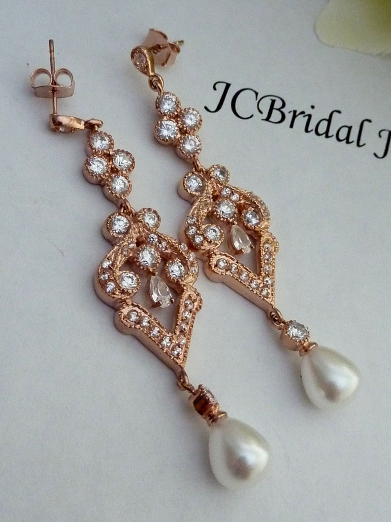 Teardrop Ivory Pearl with Rose Gold Plated Chandelier Cubic Zirconia Fancy Post Earrings Bridal Earring