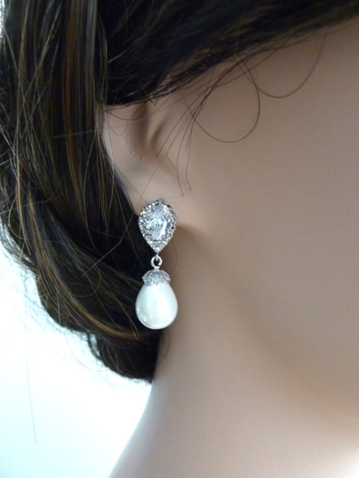 Wedding Bridal Pearl Earring White Teardrop Pearl Round CZ Etsy