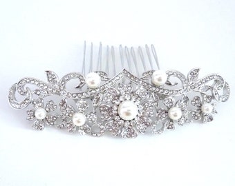 Wedding Bridal Hair Comb - Silver Plated Rhinestone Crystal Flower Wedding Hairpiece Bridal Hair Jewelry