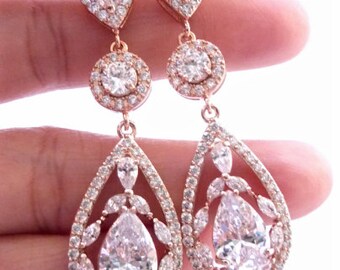 Bridal Earrings Large Rose Gold Plated Fancy Peardrop Cubic Zirconia with Rose Gold CZ and Large Pear Shaped CZ Post Earrings