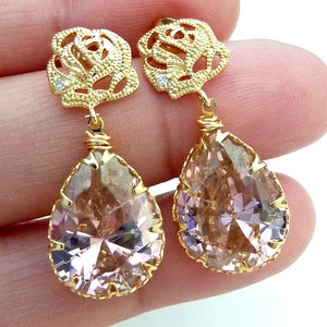 Light Rose Pink Large Peardrop CZ with Gold Plated Rose Flower CZ Post Earrings image 2