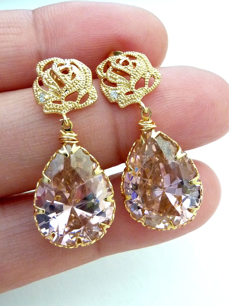 Light Rose Pink Large Peardrop CZ with Gold Plated Rose Flower CZ Post Earrings image 2