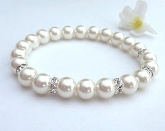 Wedding Bracelet Bridal Bracelet  Cream Ivory Round Pearl with Silver Crystal Rondelle Stretch Bracelet