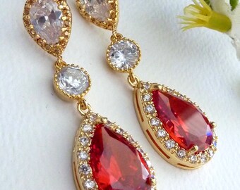 Wedding Bridal Earring LARGE Halo Red Peardrop Cubic Zirconia with Round CZ Yellow Gold Plated  CZ Post Earrings