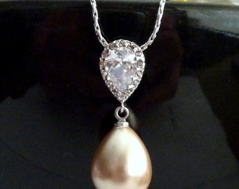 Bridal Necklace - Light Gold ChampagneTeardrop Pearl with a Peardrop Cubic Zirconia Bail Necklace in White Gold Plated Chain