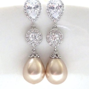 Wedding Bridal Earring Bigger Light Gold Champagne Teardrop Pearl Round CZ Drop White Gold Plated Peardrop Cubic Zirconia Post Earring image 2