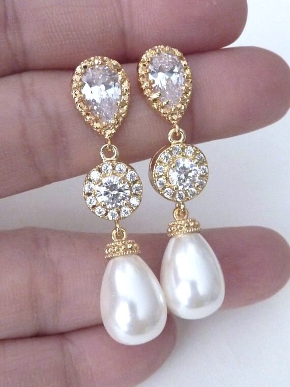 Wedding Earrings Bridal Earring White Teardrop Pearl Halo | Etsy