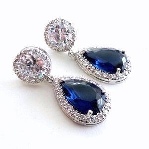 Wedding Bridal Earrings Halo Dark Sapphire Blue Pear Shaped Cubic Zirconia Clear Back Round Stud White Gold Plated Earrings image 1