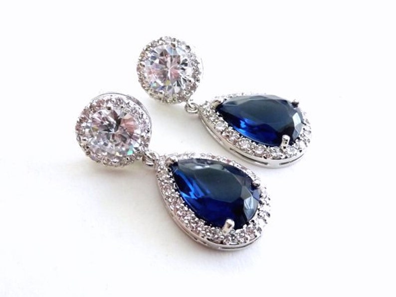 Wedding Bridal Earrings Halo Dark Sapphire Blue Pear Shaped Cubic Zirconia Clear Back Round Stud White Gold Plated Earrings image 1