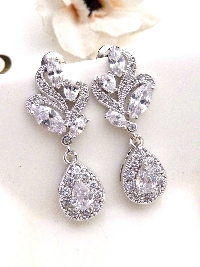 Bridal Earrings White Gold Clear White Cubic Zirconia White Gold Fancy Post Wedding Earrings image 1