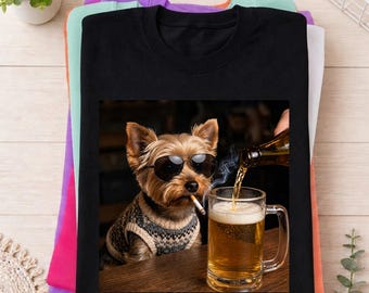 Funny Yorkie Beer Shirt, Vintage Cool Dog Tee, Yorkie Drinking Graphic T-Shirt, Retro Meme Dog Shirt, Dog Dad Gift, Bar Dog Tee
