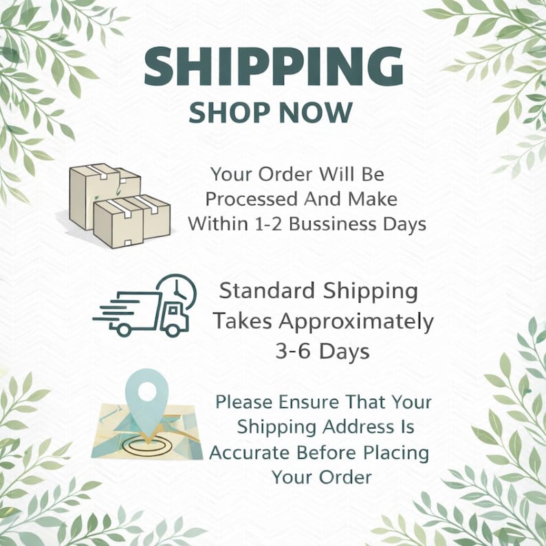 Może przedstawiać: Grafika z tekstem "SHIPPING SHOP NOW" oraz informacjami o przetwarzaniu zam&oacute;wień i czasie wysyłki. Zawiera ilustracje pudełek, ciężar&oacute;wki dostawczej i znacznika mapy.